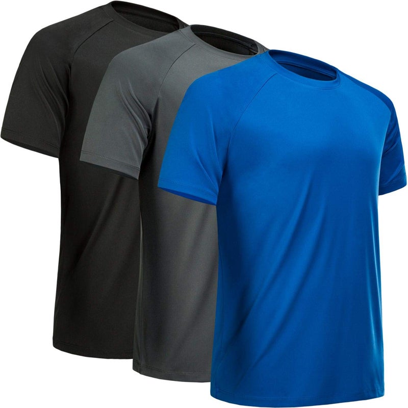 MCPORO Workout Shirts for Men Short Sleeve Quick Dry Athletic Gym Active T Shirt Moisture Wicking 3 Pack Black, Dark Grey, Blue Large - Image 1